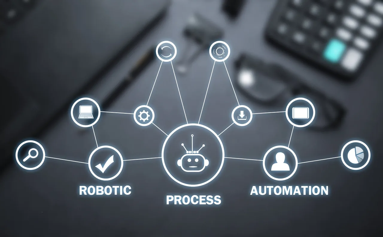 Robotic process automation concept diagram with connected icons for automated workflows above an office desk