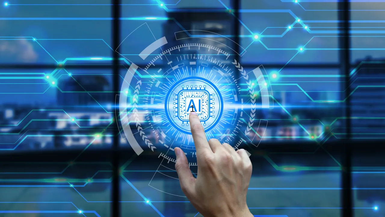 Finger touching a glowing blue AI processor icon surrounded by circuit pathways, representing the ROBOPOLICING AI security platform core