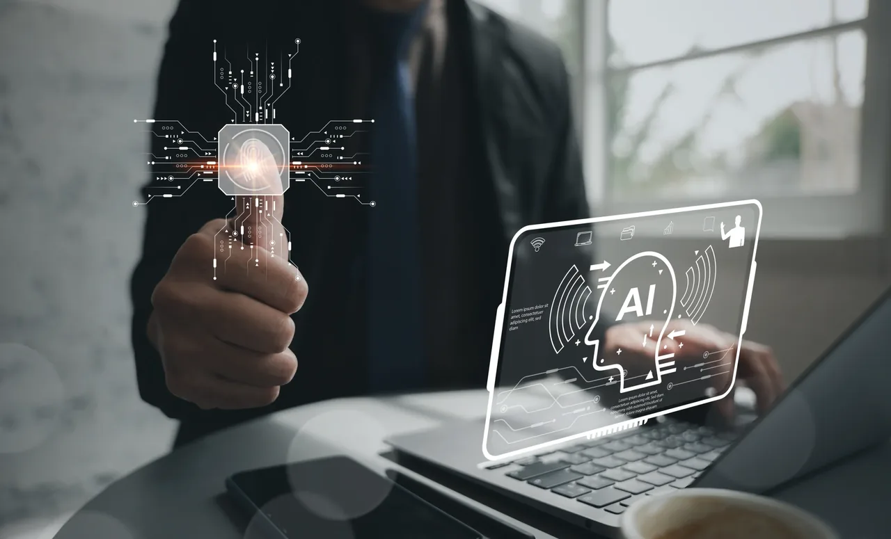 Business professional in a suit interacting with a holographic biometric fingerprint scanner and AI facial recognition panel above a laptop