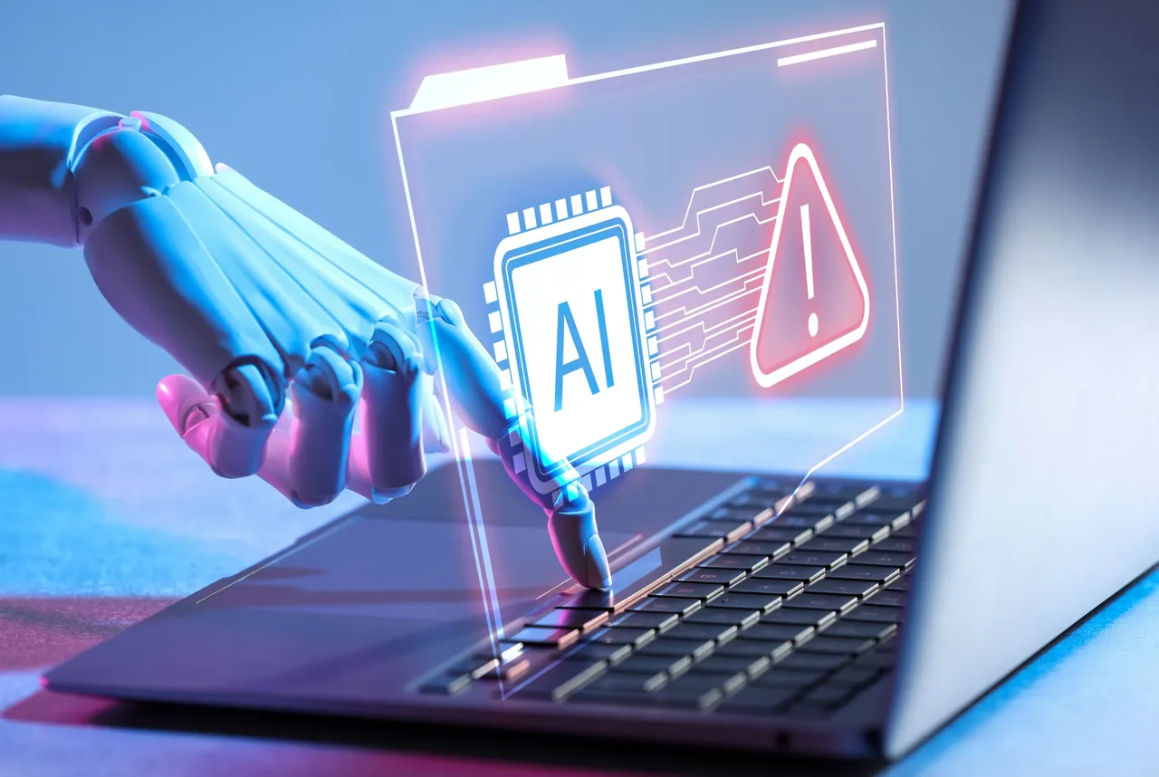 Robotic hand touching a holographic AI processor beside a red warning triangle above a laptop keyboard