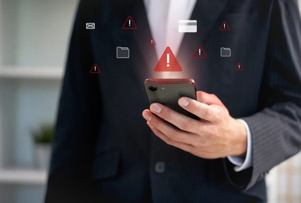 Business professional holding a smartphone displaying a large red alert triangle among warning and message icons