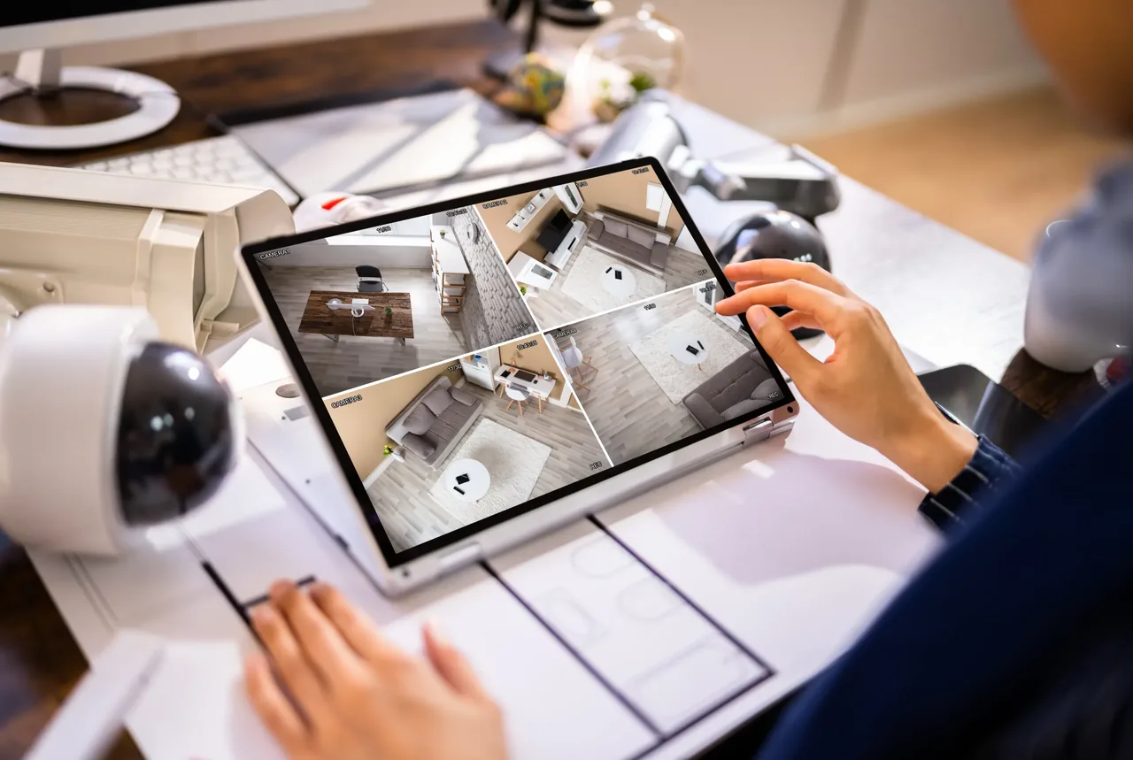 Hands operating a laptop showing a four-panel live CCTV grid, with a white dome security camera and floor plans on the desk