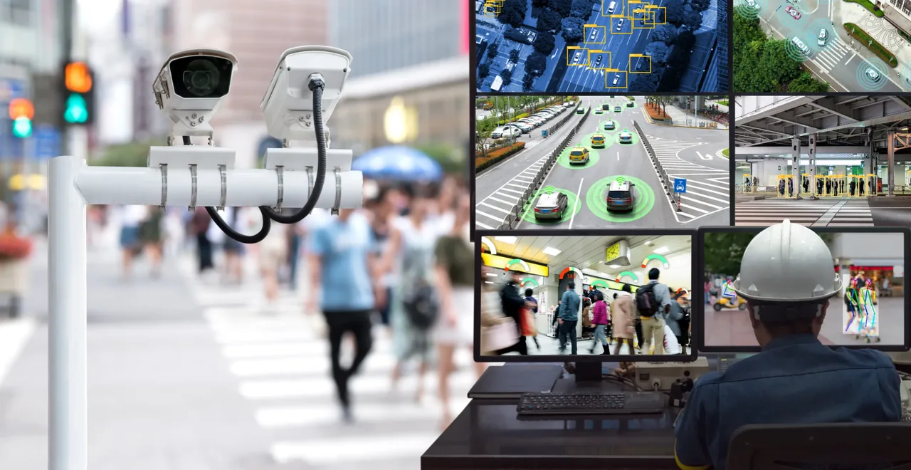 AI surveillance cameras monitoring a busy street alongside a control-room video wall showing AI vehicle and people detection across multiple locations