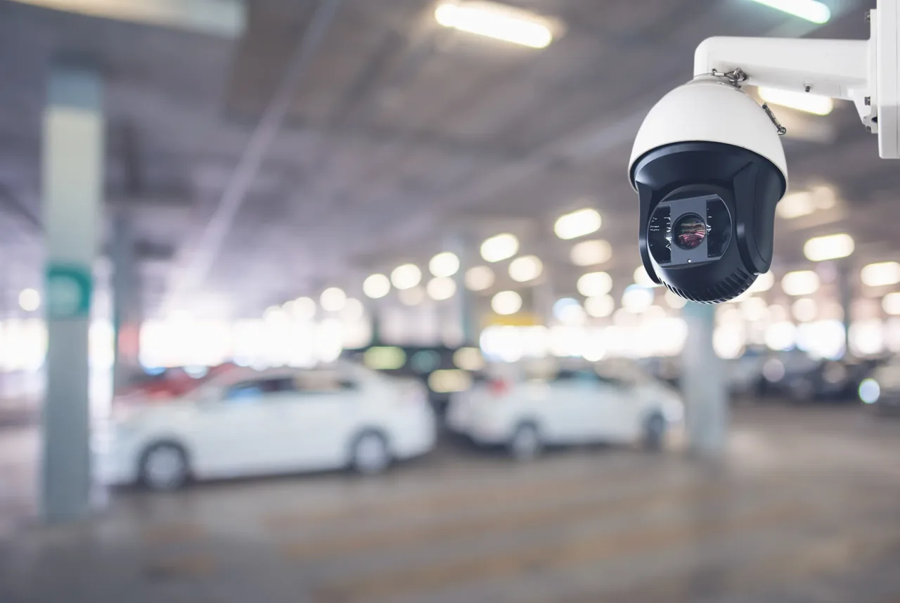 PTZ dome surveillance camera mounted on a pillar overlooking a bright car park with white vehicles parked in bays